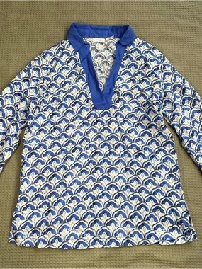 Sigrid Olsen 100% Linen Popover Blouse Small Womens Blue White Cruise Beach